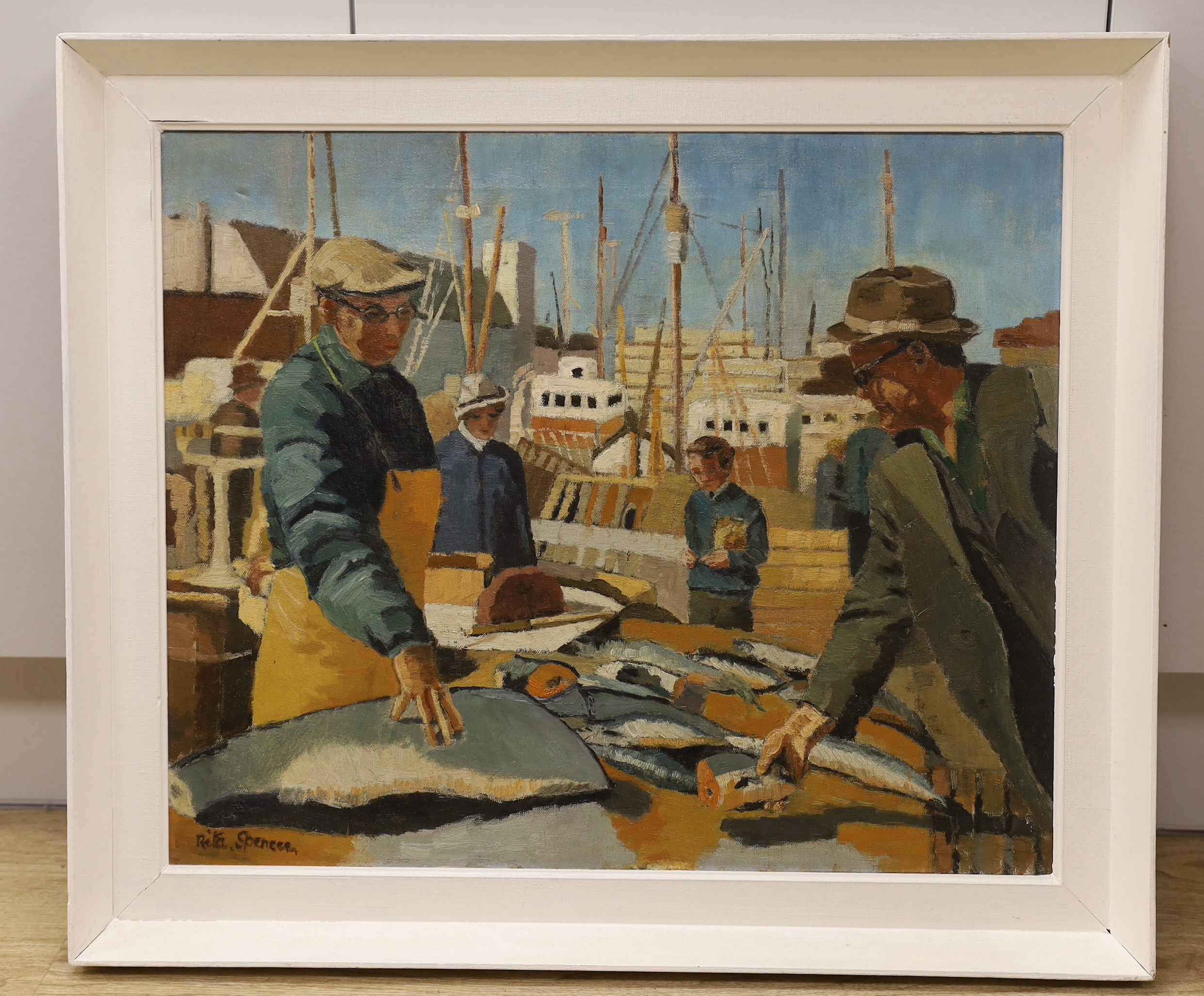 Rita Spencer (Modern British, fl.1965), oil on canvas, 'Fish market in Antigue', signed, 59 x 49cm